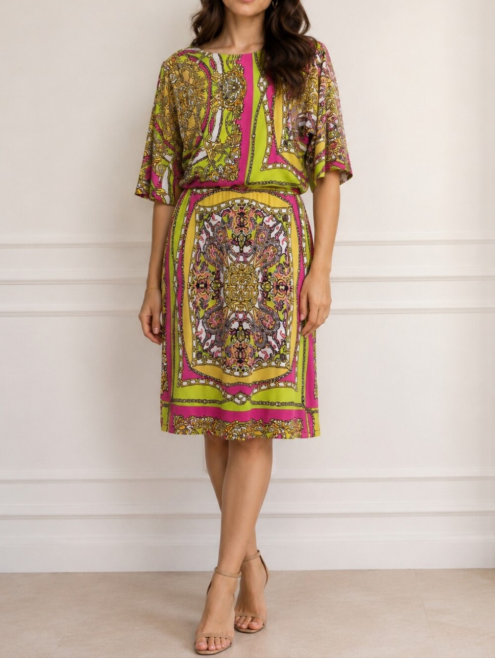 Nina Leonard Gold Pink Baroque Sheath Dress | Bateau Neck Cold ShoulderStatement